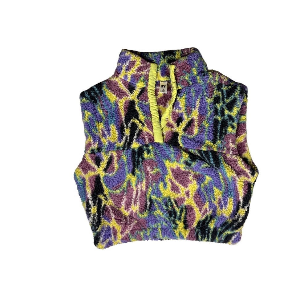 it's Abstract Pattern Fleece Pullover Vest Snap Neck M Purple Yellow Teal